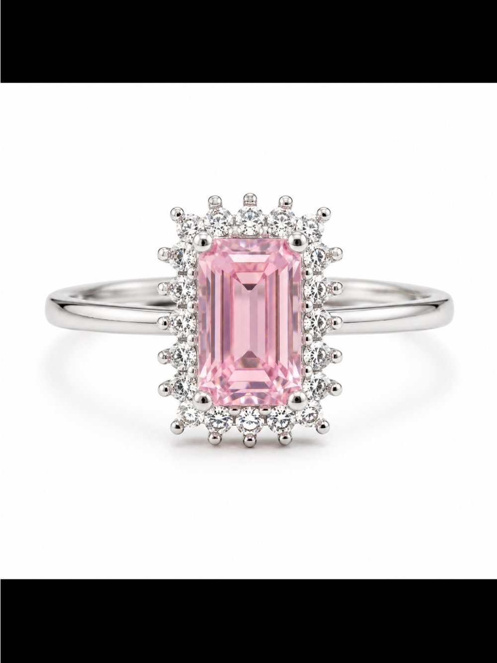 Pink Emerald-Cut Halo Ring - Silver Tone